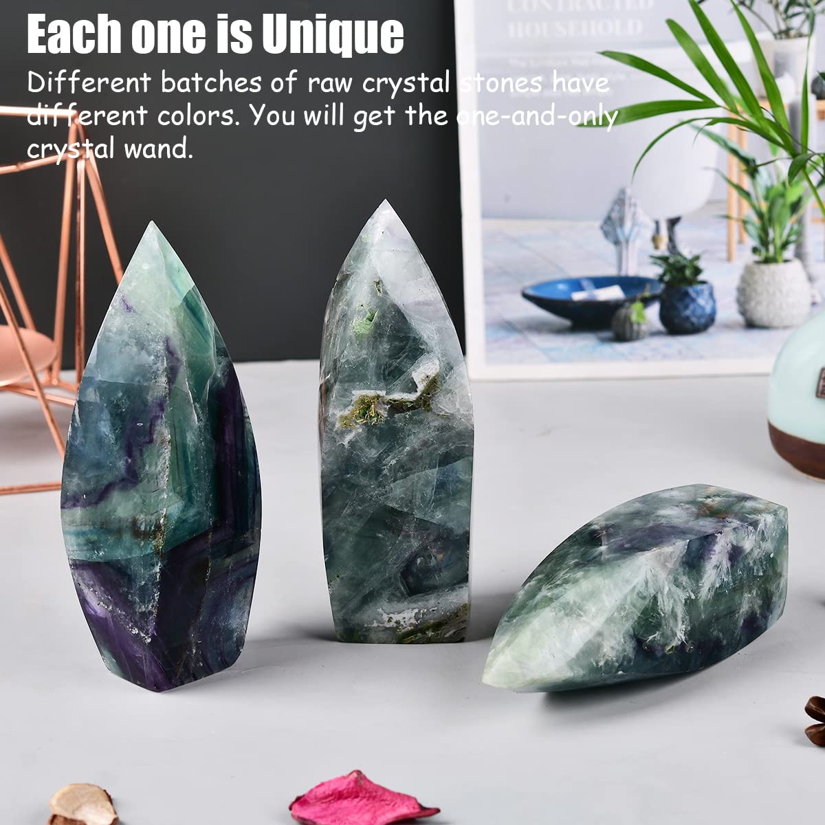 JIC Gem fluorite crystal tower stands about 5–6 inches tall for versatile placement