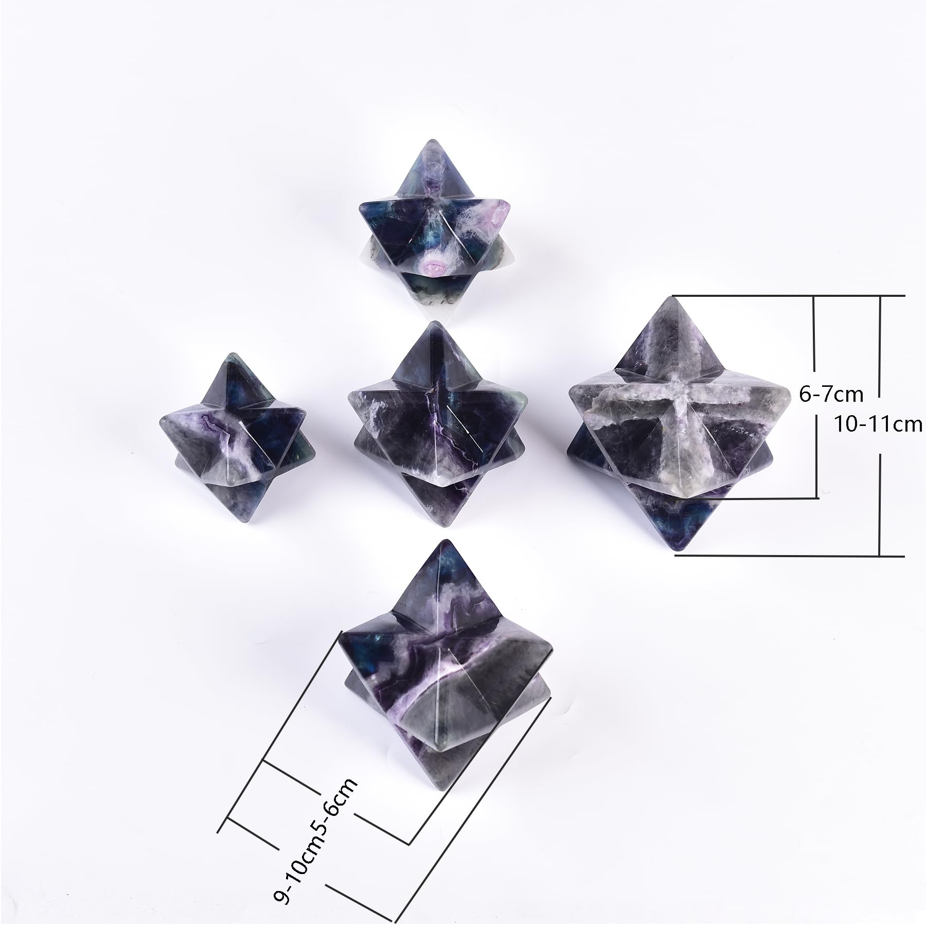 JIC Gem natural fluorite merkaba—each piece unique with vivid hues for collection.