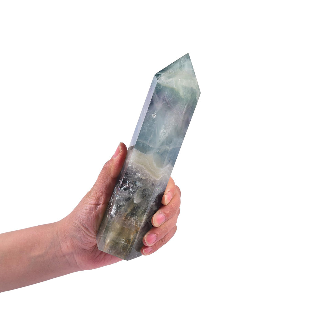 JIC Gem fluorite obelisk tower with vibrant colors for meditation and decor.