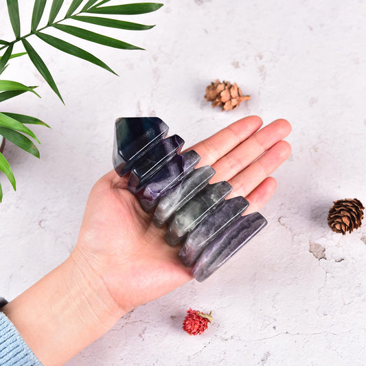 JIC Gem fluorite tower side view shows stacked layers for balanced energy