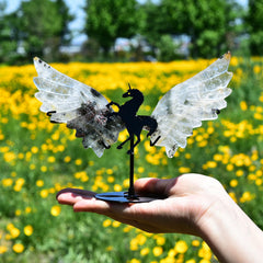JIC Gem Ghost Crystal Unicorn Wings on a stand enhances shelves and desks.