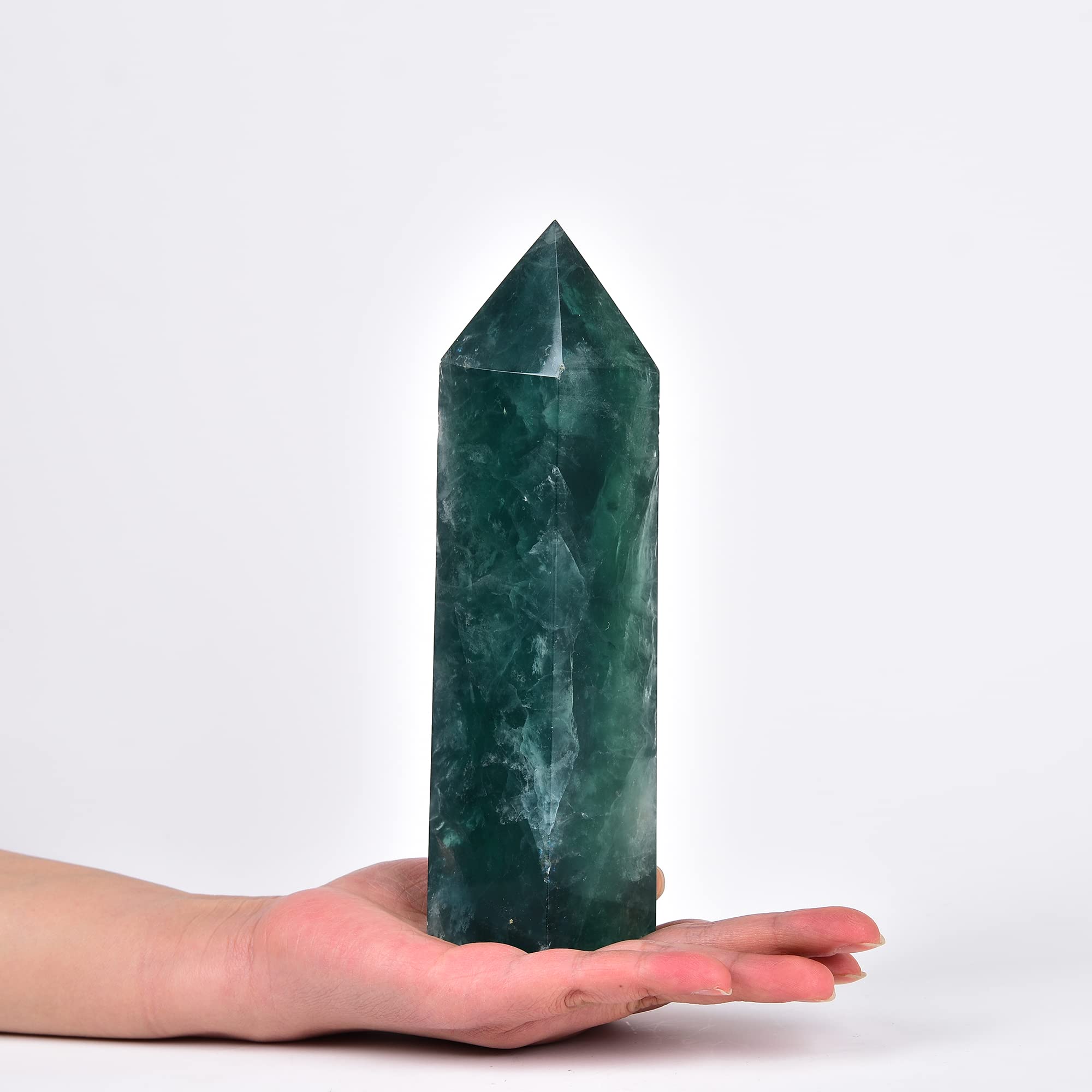 JIC Gem green fluorite crystal wand close-up improves meditation focus and balance.