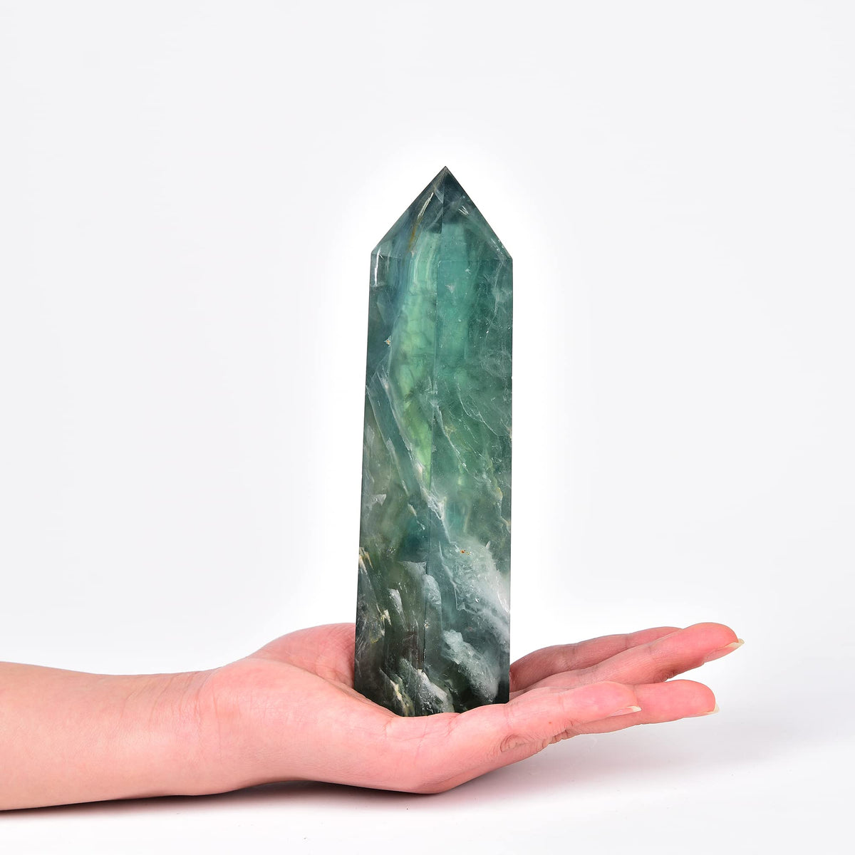 JIC Gem Green Fluorite obelisk wand seen as a calming meditation accessory