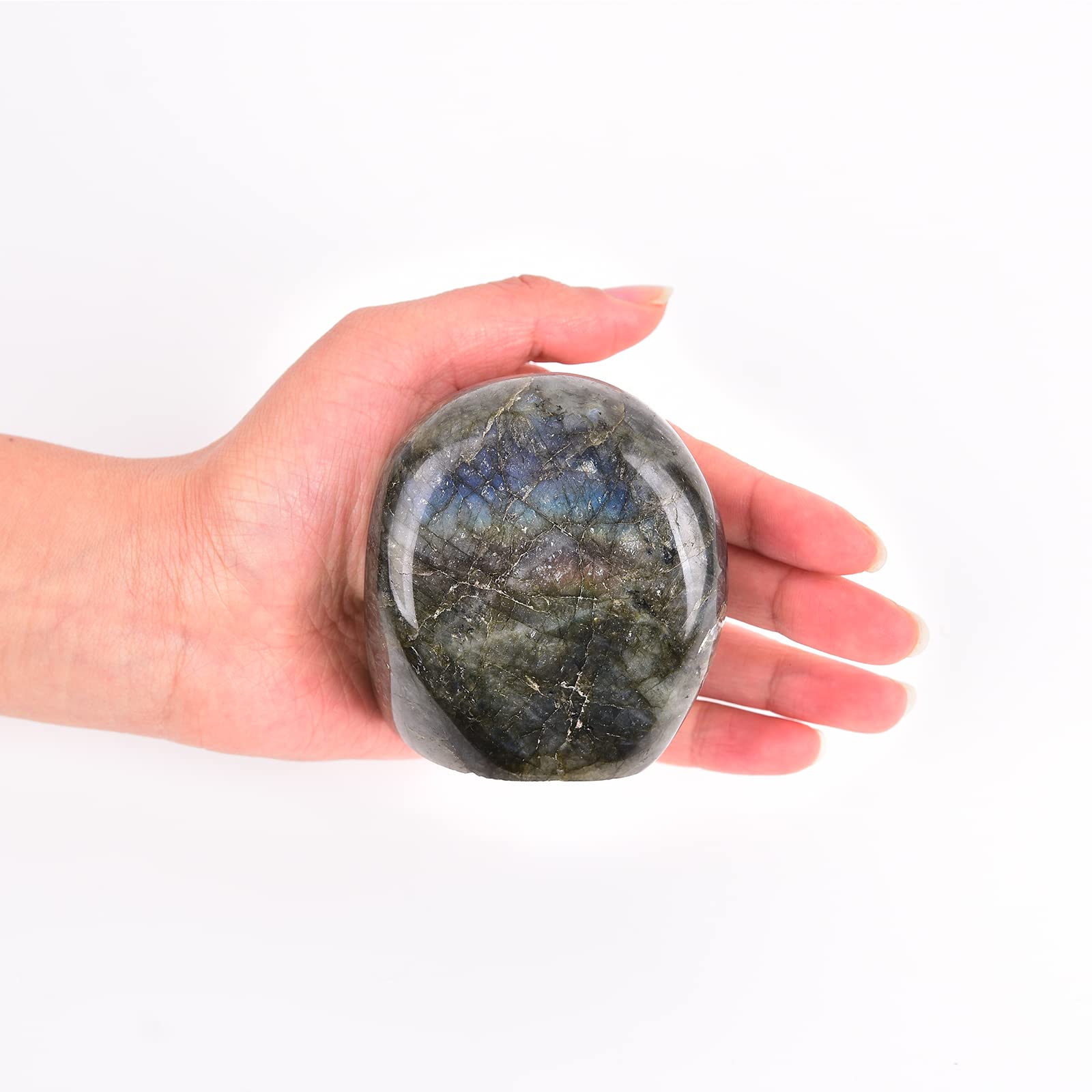 JIC Gem Labradorite palm stone with rainbow sheen for meditation and calm focus.