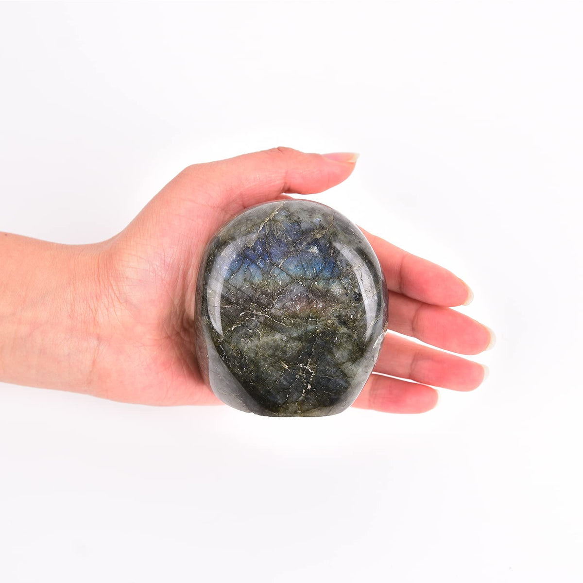 JIC Gem Labradorite palm stone with rainbow sheen for meditation and calm focus.