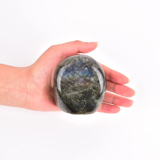 JIC Gem Labradorite palm stone with rainbow sheen for meditation and calm focus.