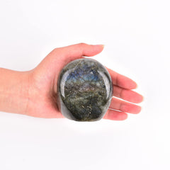 JIC Gem Labradorite palm stone with rainbow sheen for meditation and calm focus.