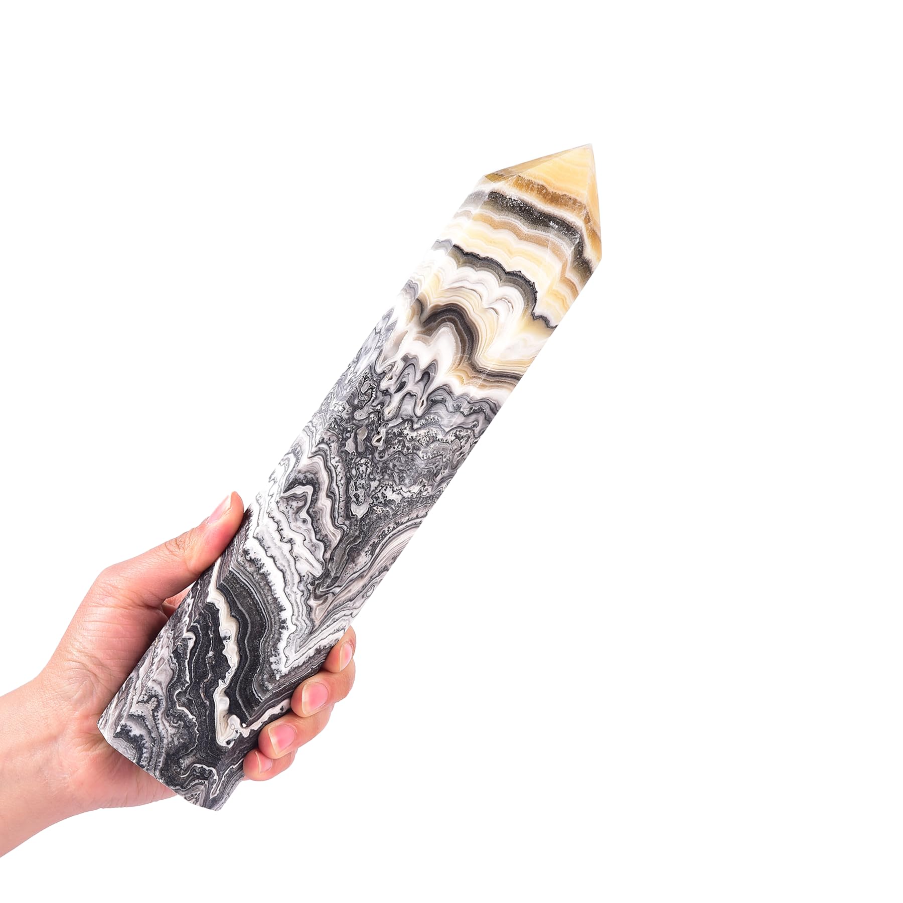 JIC Gem large black and yellow calcite obelisk tower for meditation and balance.