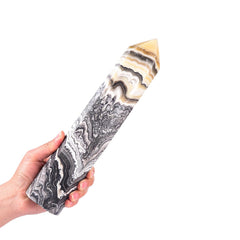 JIC Gem large black and yellow calcite obelisk tower for meditation and balance.