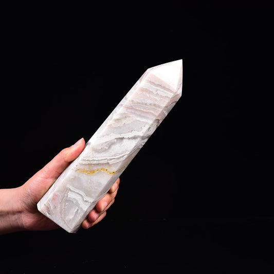 JIC Gem large pink crystal obelisk tower for meditation and mood balance.