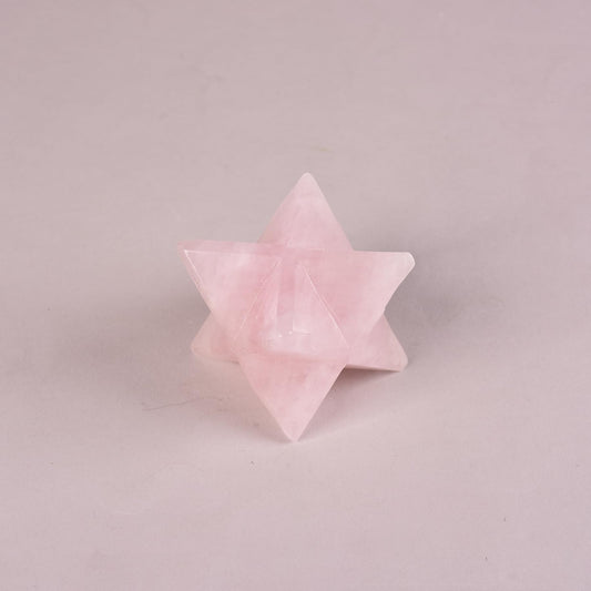 JIC Gem large pink merkaba crystal, rose quartz, enhances meditation ambience.