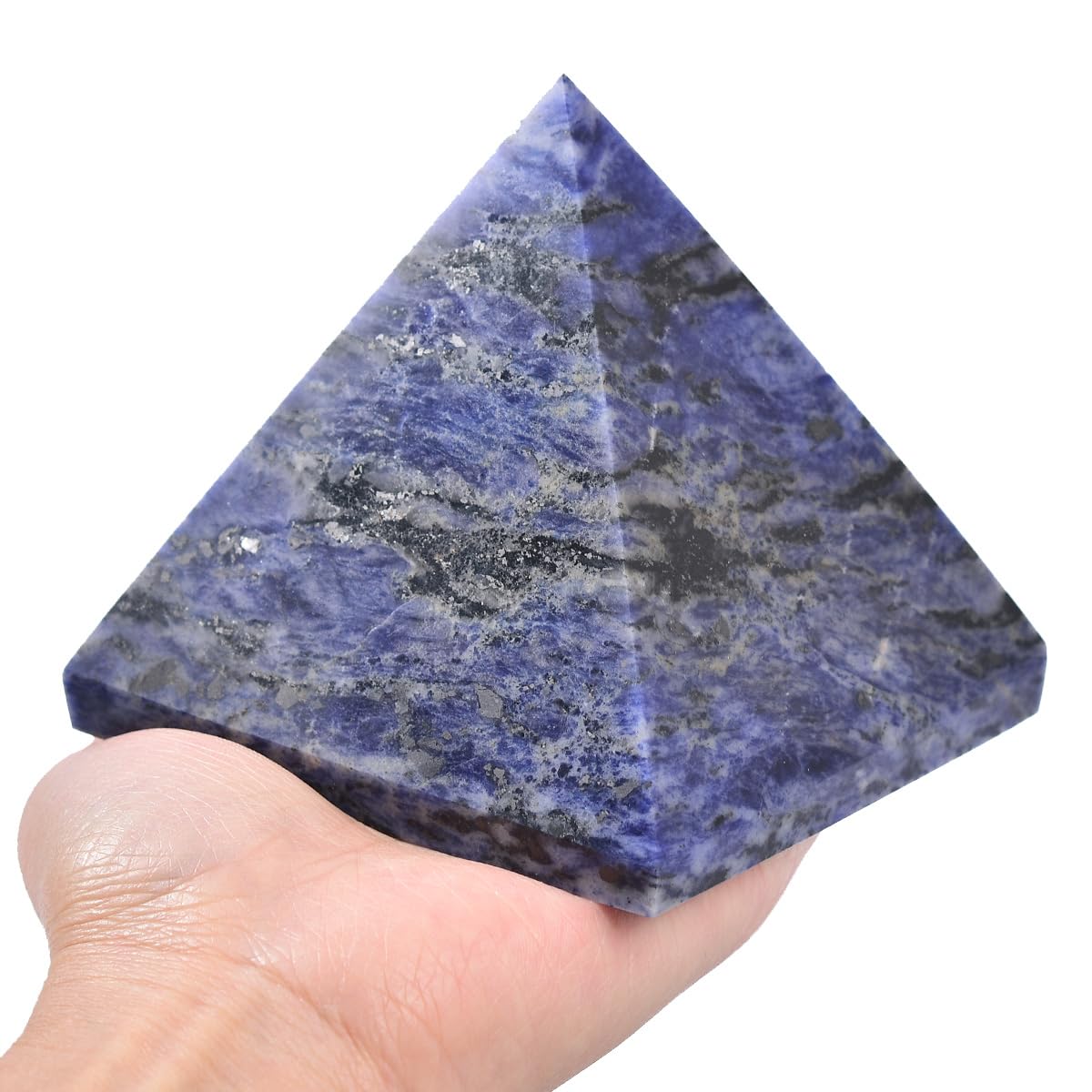 JIC Gem large sodalite pyramid in full view, ideal as calm centerpiece.