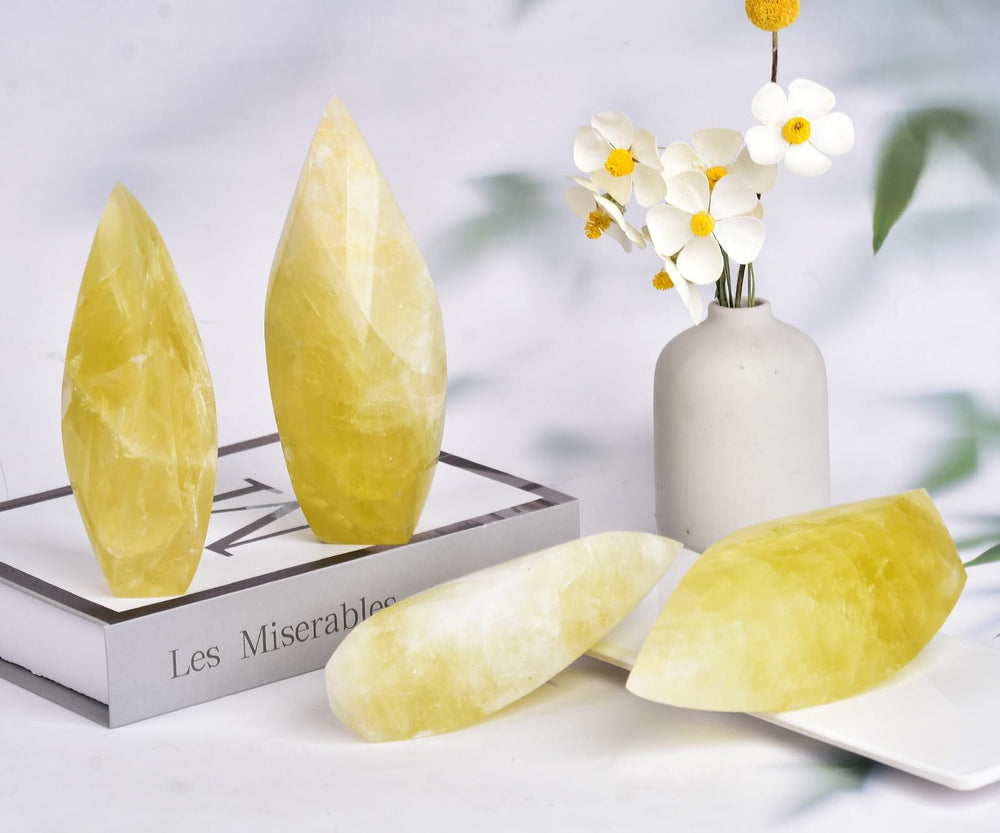 JIC Gem Lemon Quartz Obelisk smooth surface reveals natural patterns for mindful decoration.