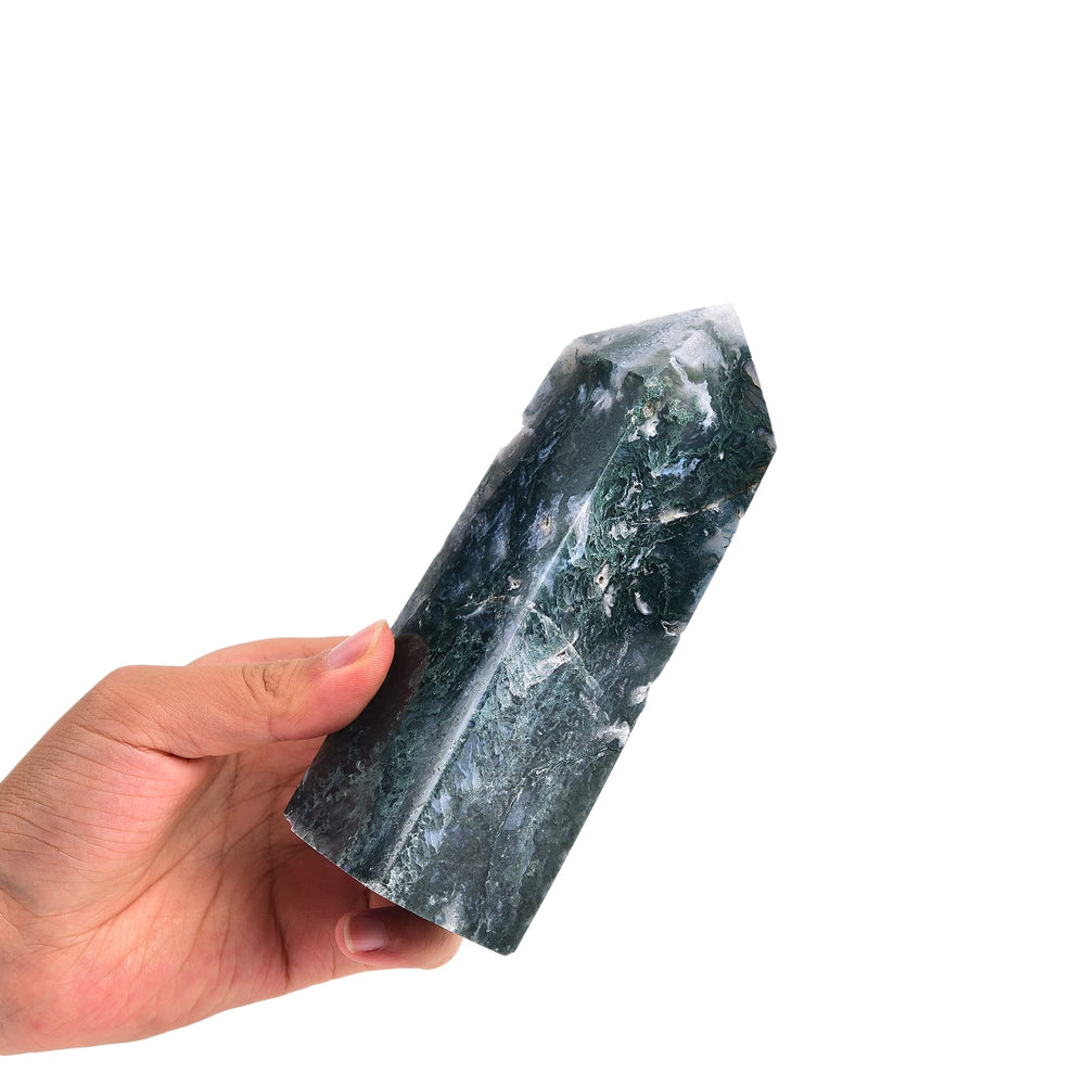 JIC Gem moss agate geode wand closeup, enhances meditation ambience with earthy green tones.