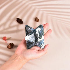 JIC Gem Moss Agate Merkaba close-up reveals natural inclusions for connection.