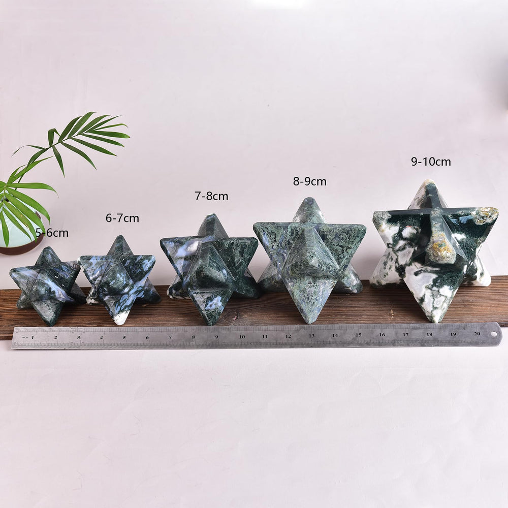 JIC Gem Moss Agate Merkaba in gift box suggests meaningful spiritual gifting.
