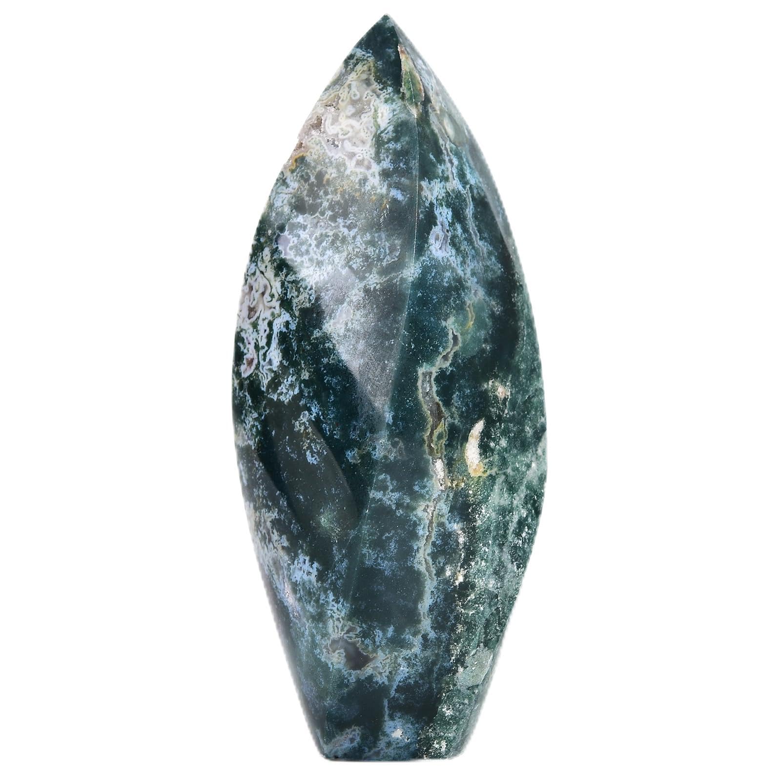 JIC Gem Moss Agate Tower close-up of apex for focused energy.