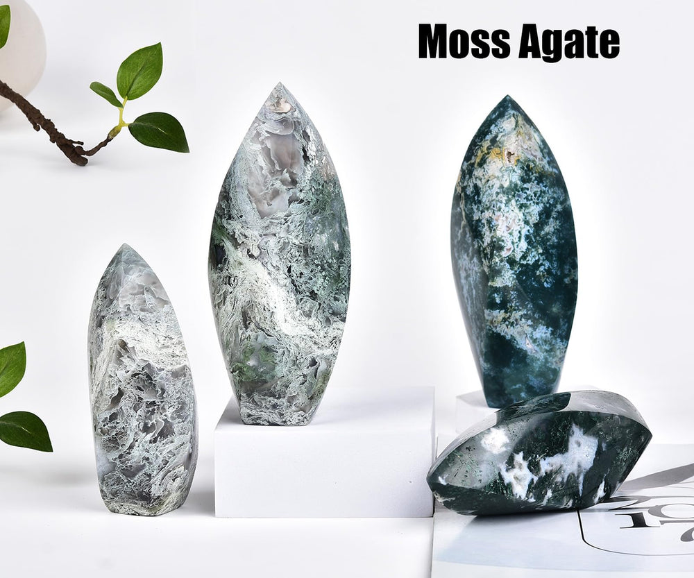 JIC Gem Moss Agate Tower placed in living room for serene decor.