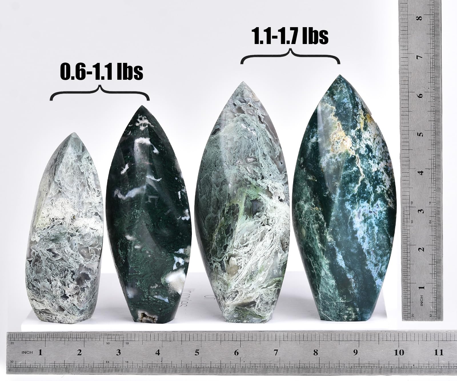 JIC Gem Moss Agate Tower top spiral point for energy focus.