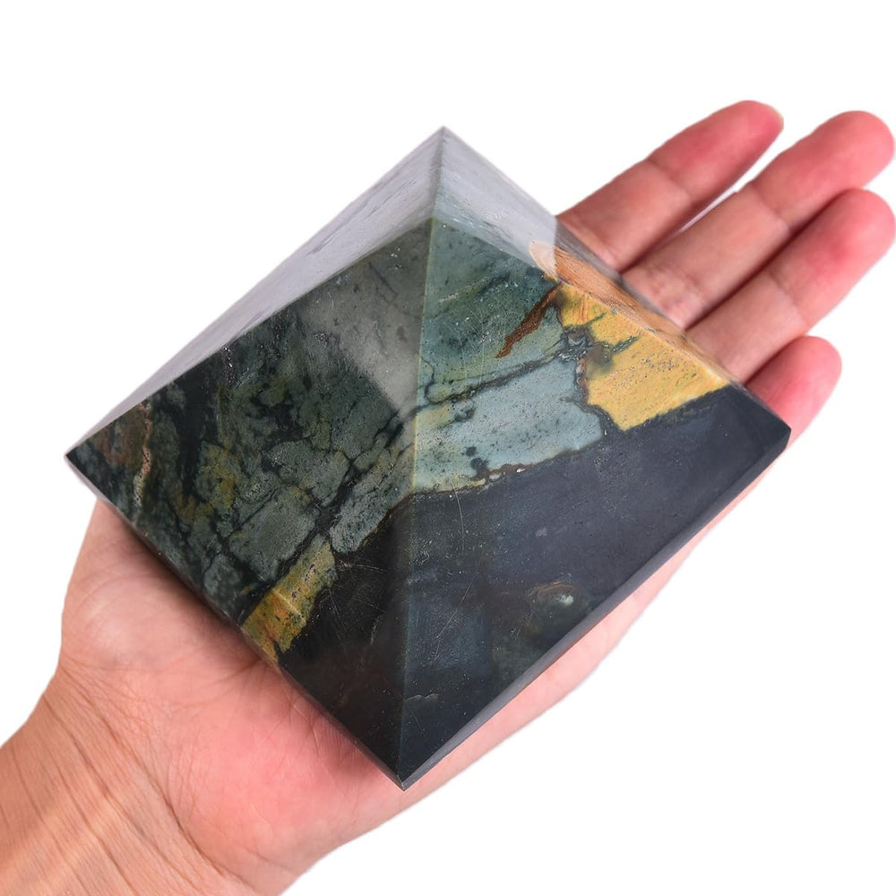 JIC Gem Ocean Jasper pyramid side view enhances ambient energy on a shelf