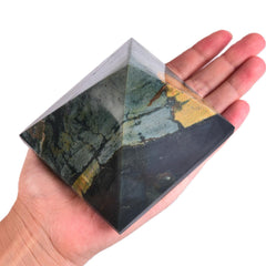 JIC Gem Ocean Jasper pyramid side view enhances ambient energy on a shelf