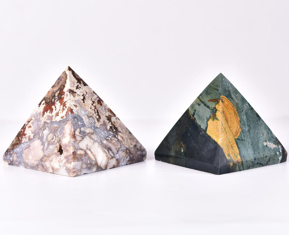 JIC Gem Ocean Jasper pyramid in a yoga nook aids mindful breathing and balance