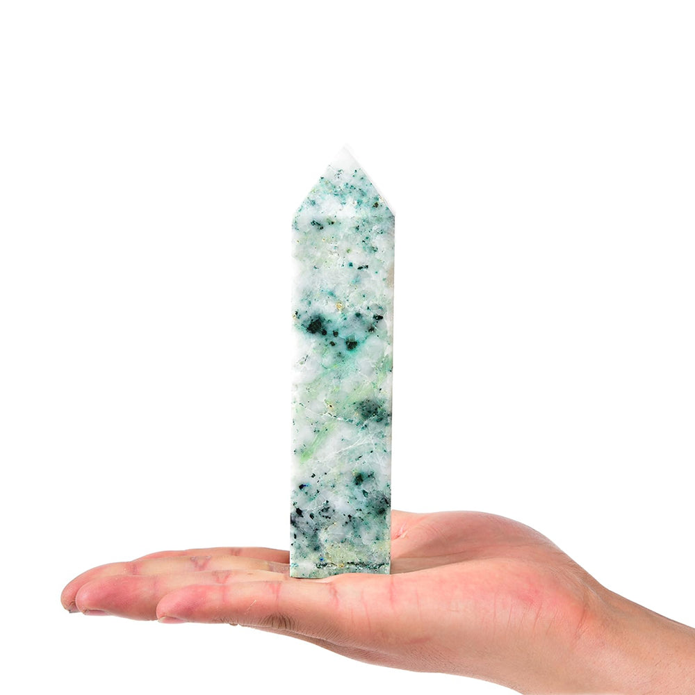 JIC Gem Phoenix Pine obelisk wand apex close-up for focused meditation.