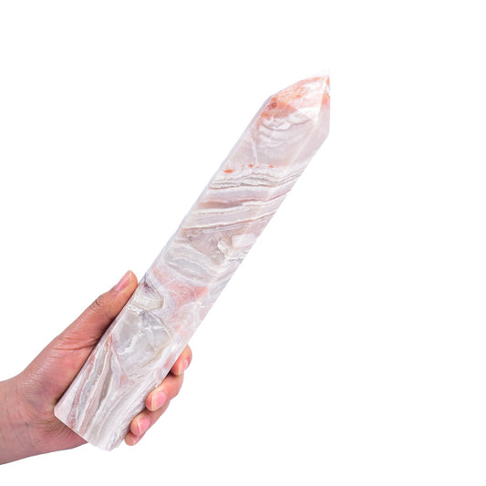 JIC Gem Pink Agate Geode Tower Wand displayed for meditation and balance at home
