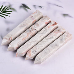 JIC Gem pink agate hexagonal tower wand supports focus during Reiki sessions.