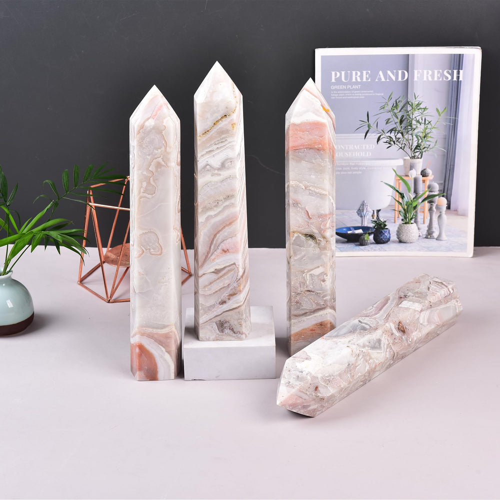 JIC Gem pink agate wand for energy healing grids and mindfulness rituals.