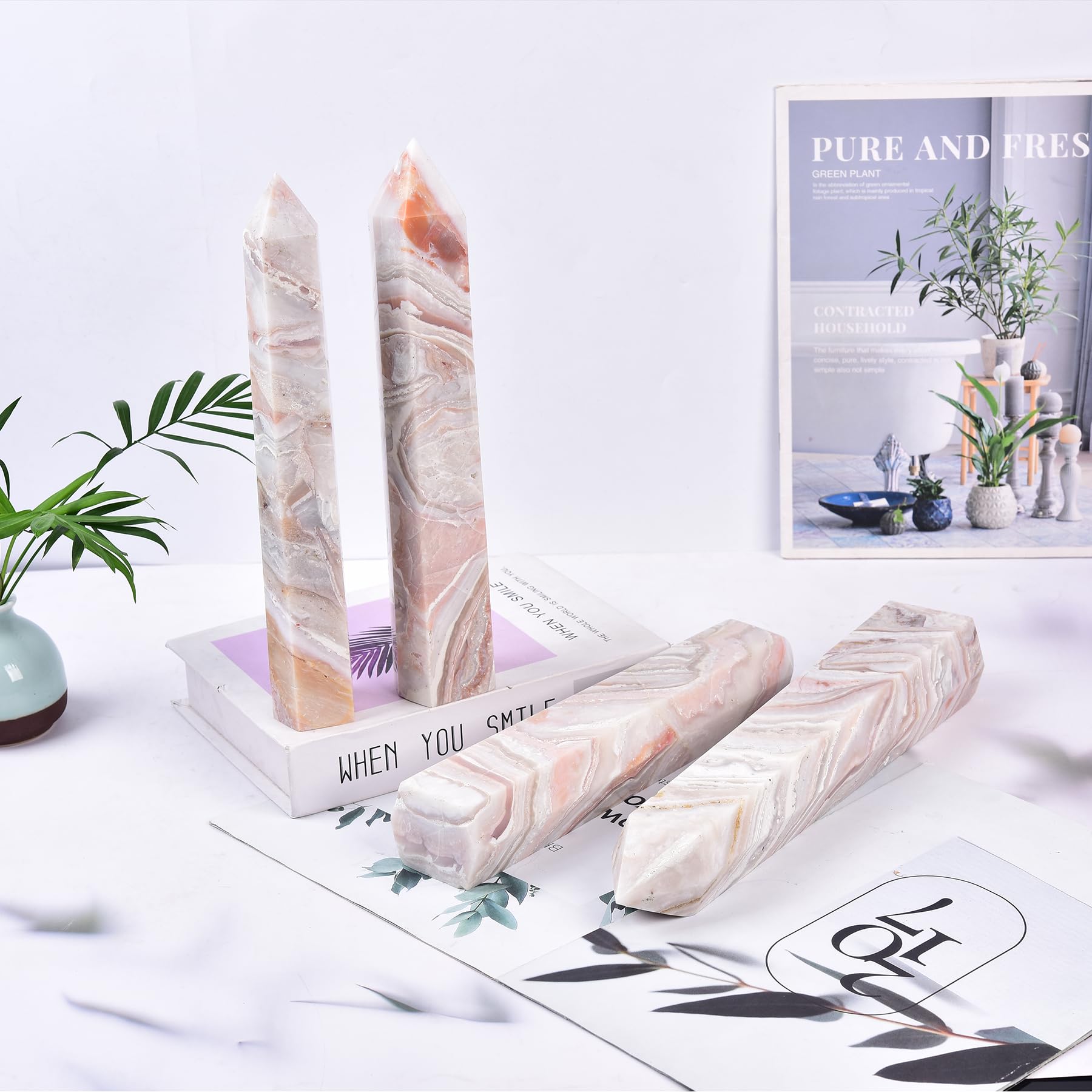 JIC Gem pink agate obelisk adds natural charm to any crystal display.