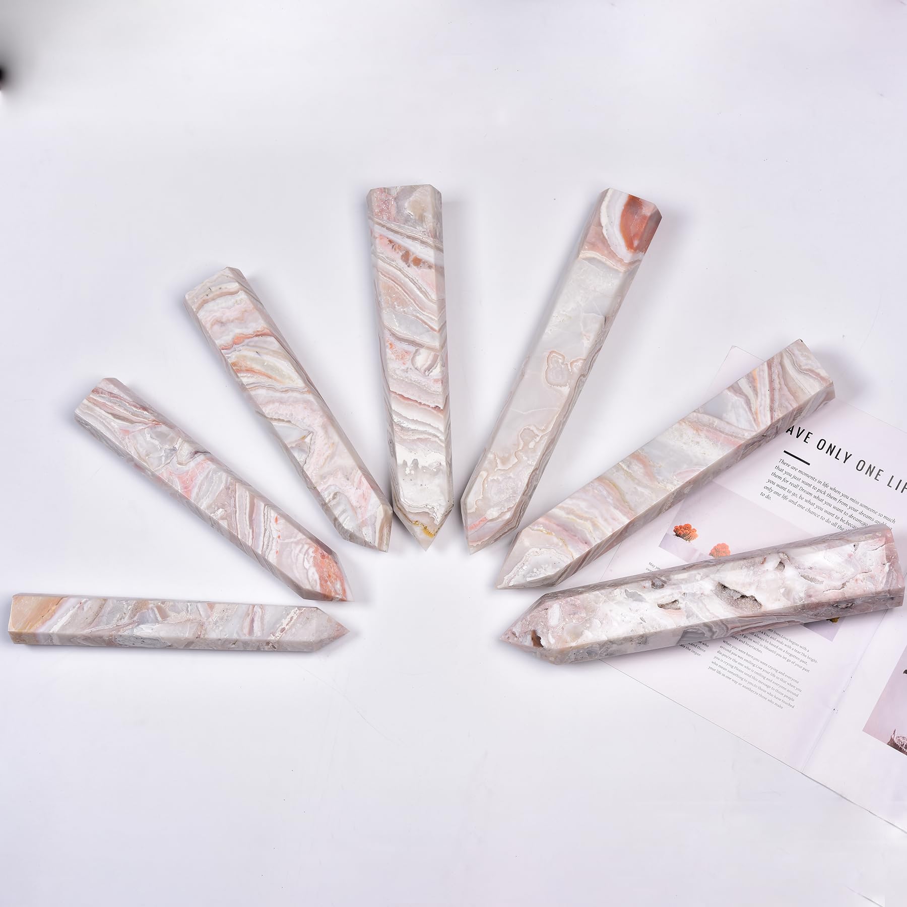 JIC Gem pink agate crystal tower aids chakra balancing and emotional balance.