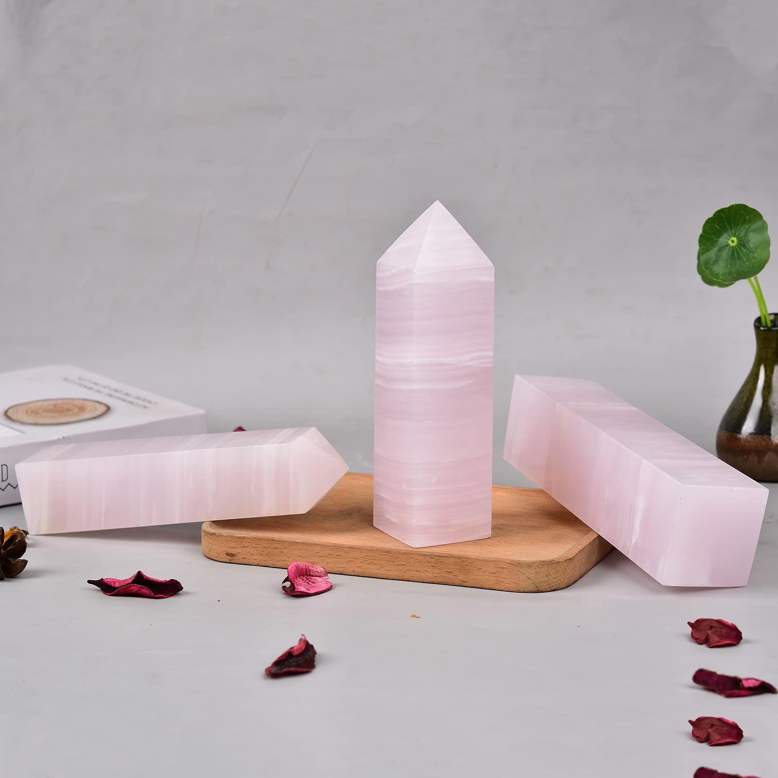 JIC Gem pink calcite crystal wand warm pink hues for energy balance
