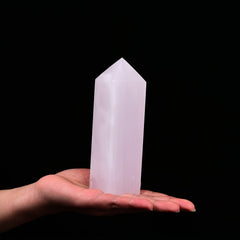 JIC Gem pink calcite tower close up showing natural facets for Reiki