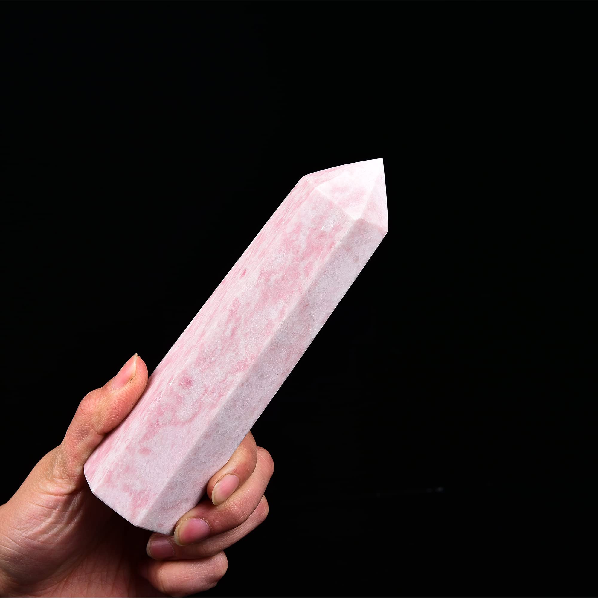 JIC Gem pink powder opal quartz obelisk tower side view enhances room energy