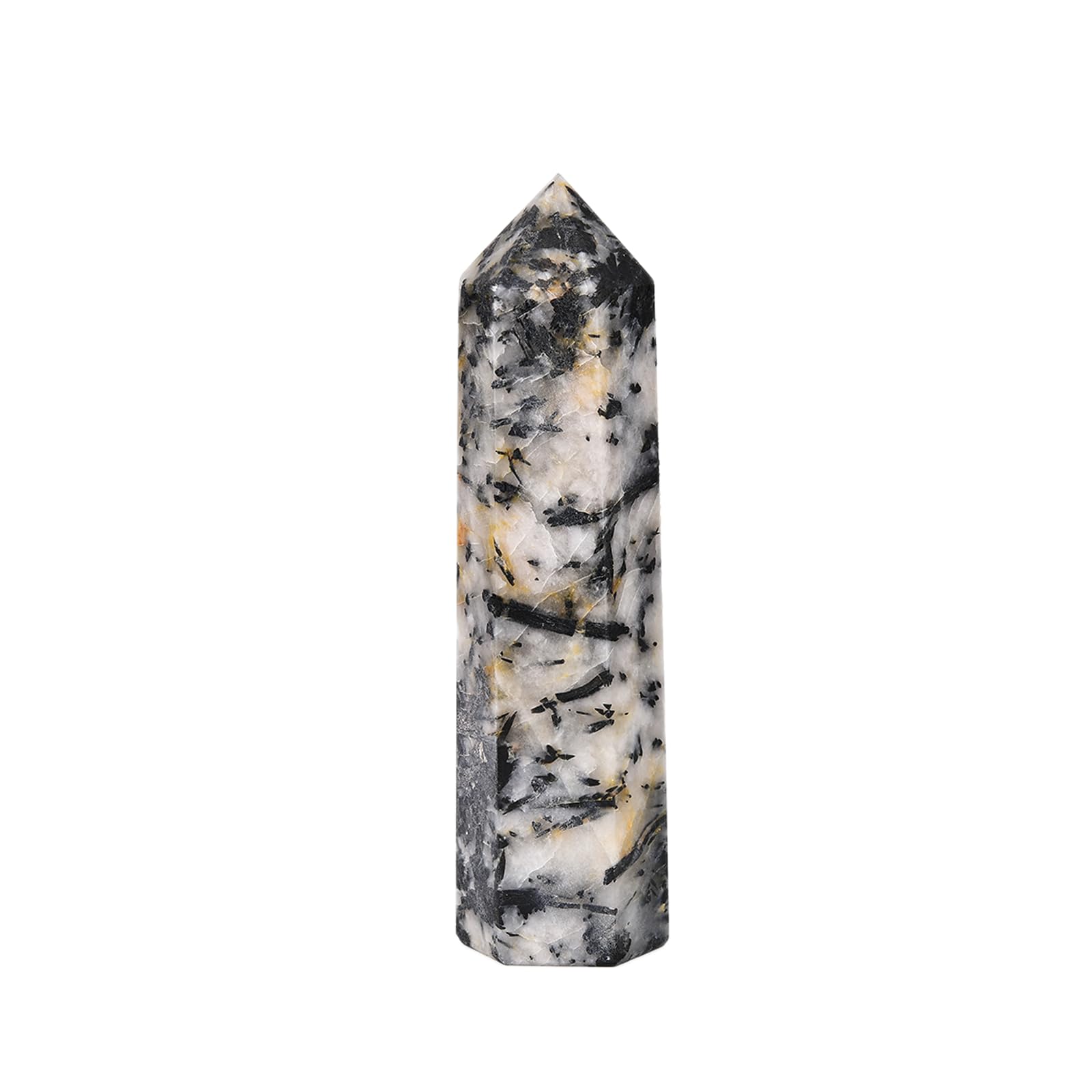 JIC Gem quartz wand with tourmaline closeup highlights six-faceted crystal beauty.
