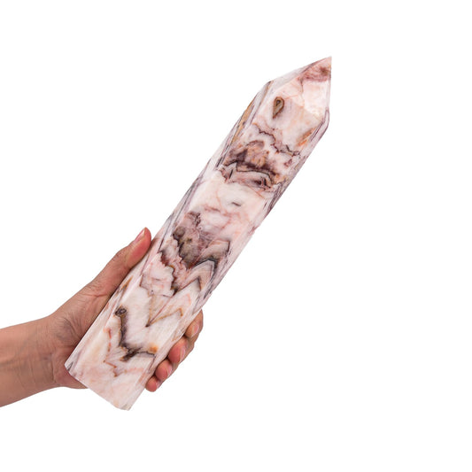 JIC Gem quartz crystal obelisk tower, six-facet jeweled point for energy focus and decor.