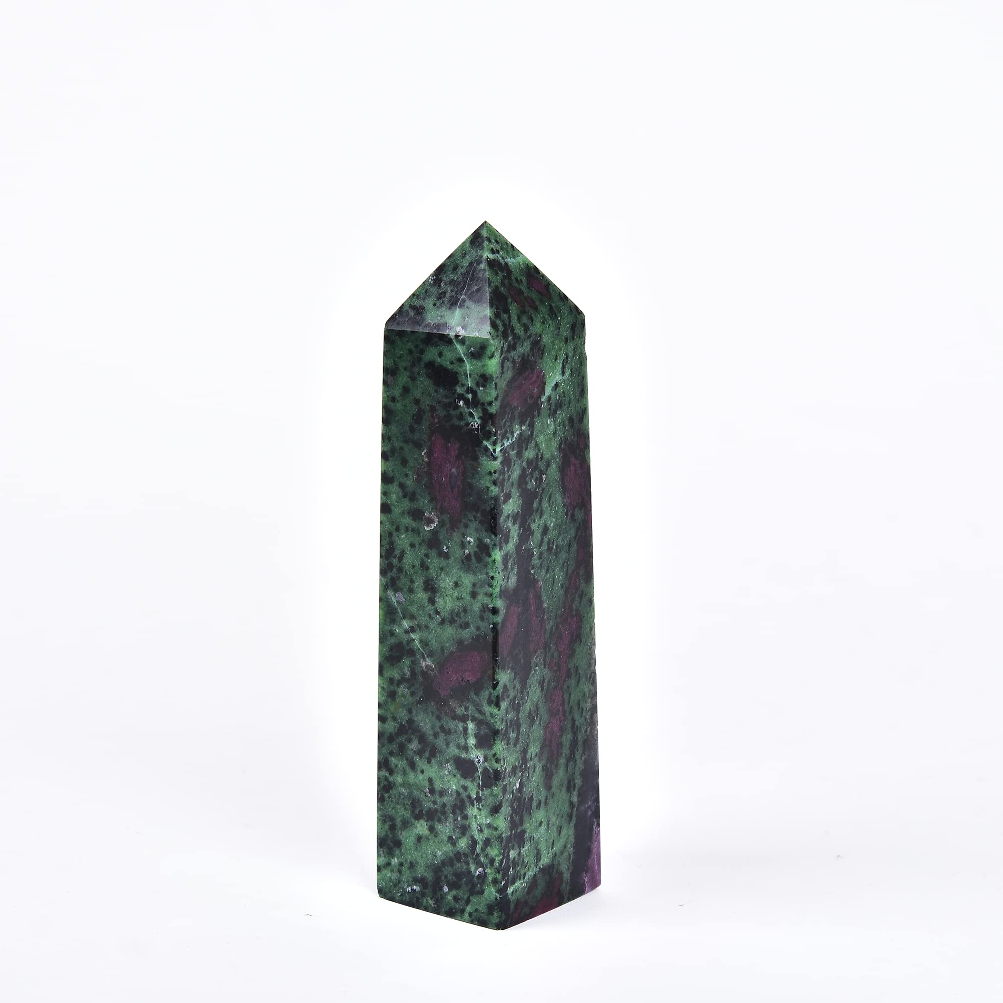 JIC Gem Ruby Zoisite obelisk closeup with vivid red and green hues for spiritual focus