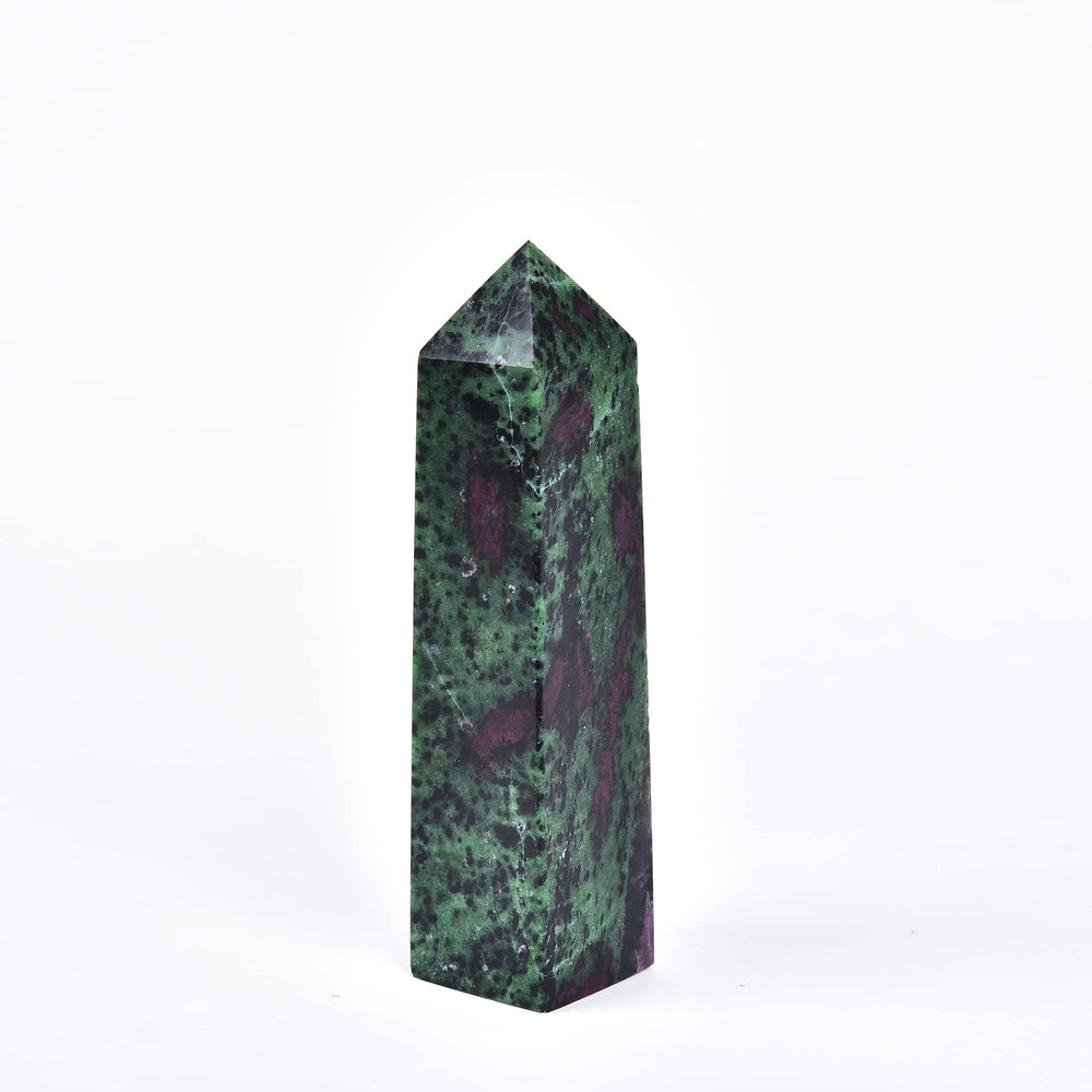 JIC Gem Ruby Zoisite obelisk closeup with vivid red and green hues for spiritual focus