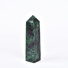 JIC Gem Ruby Zoisite obelisk closeup with vivid red and green hues for spiritual focus