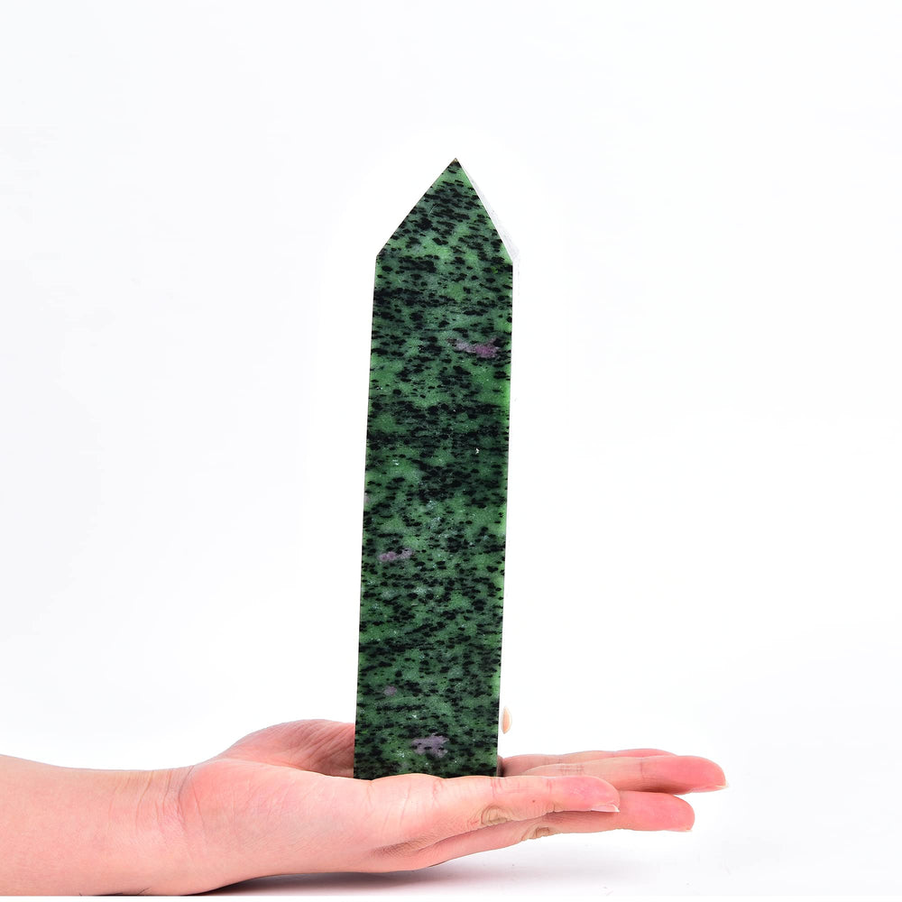 JIC Gem ruby zoisite obelisk wand with red and green hues for meditation and focus.