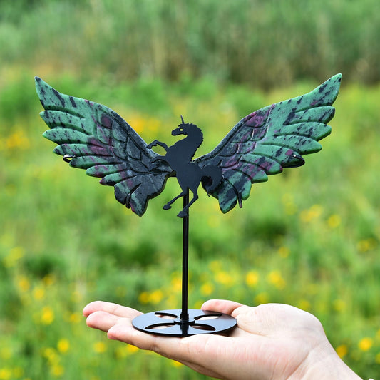 JIC Gem ruby zoisite unicorn wings side view highlights craftsmanship