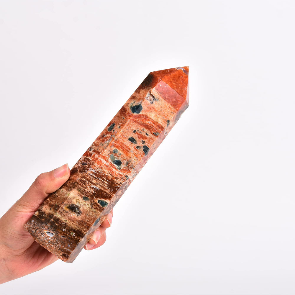 JIC Gem sunstone blue apatite crystal tower offers chakra balance and decorative glow.