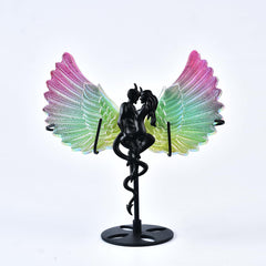 JIC Gem titanium coated selenite angel wing with iridescent glow for display
