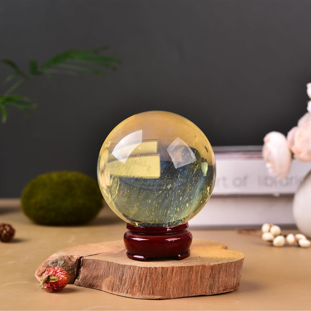 JIC Gem wooden stand showcases the quartz ball for meditation spaces