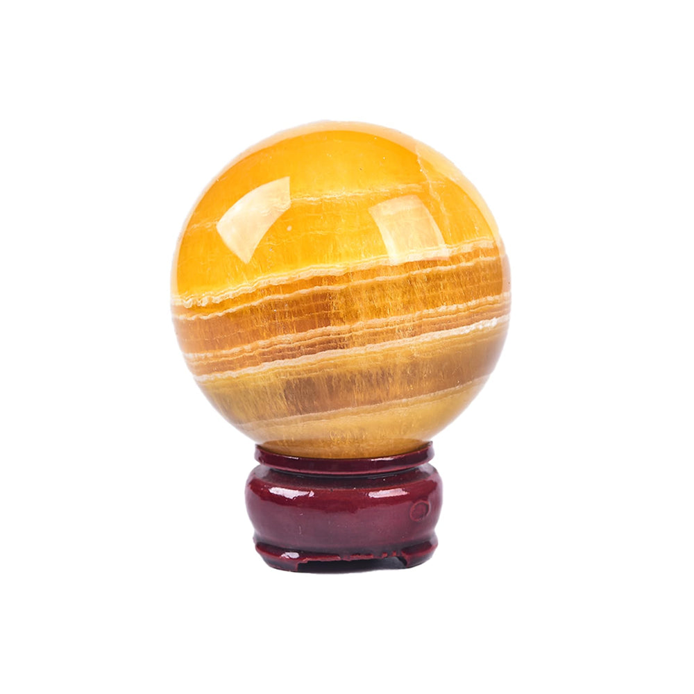 JIC Gem yellow fluorite ball on wooden stand, 70-80mm, a striking meditation centerpiece.