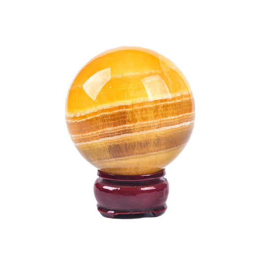 JIC Gem yellow fluorite ball on wooden stand, 70-80mm, a striking meditation centerpiece.