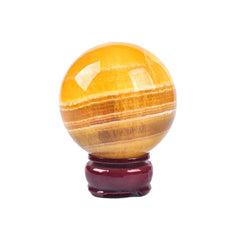 JIC Gem yellow fluorite ball on wooden stand, 70-80mm, a striking meditation centerpiece.