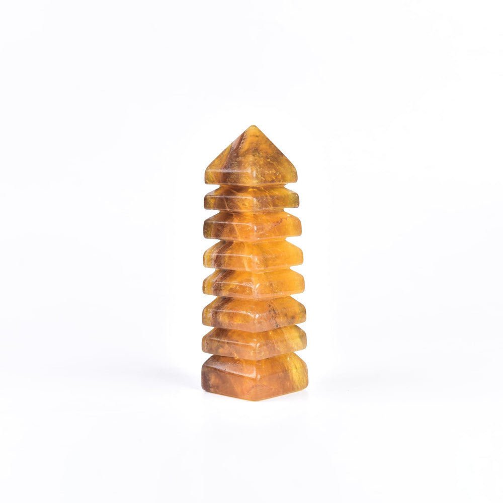 JIC Gem Yellow Fluorite Crystal Tower, front view, enhances focus for study and work.