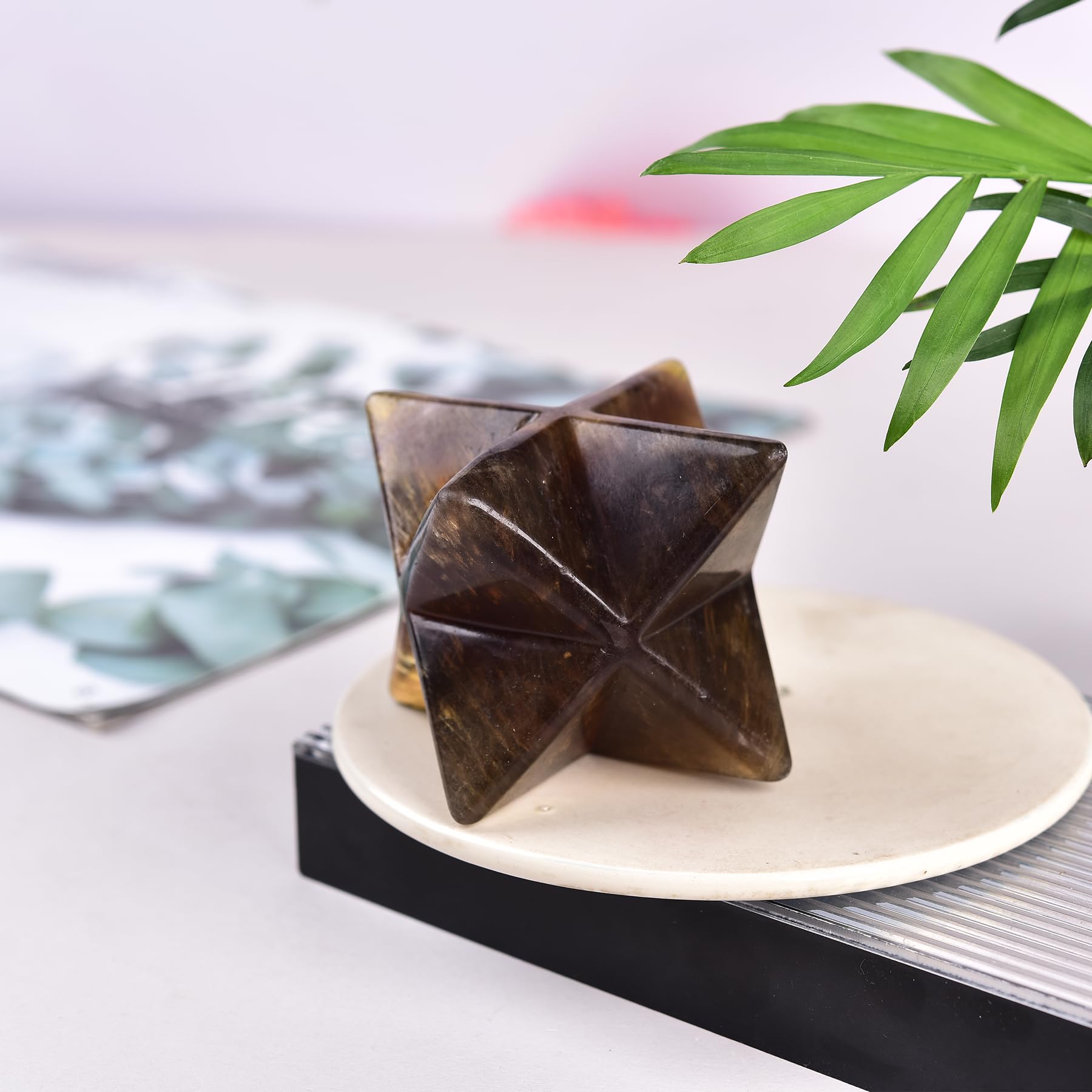 JIC Gem yellow fluorite Merkaba 3D star pattern adds visual harmony.